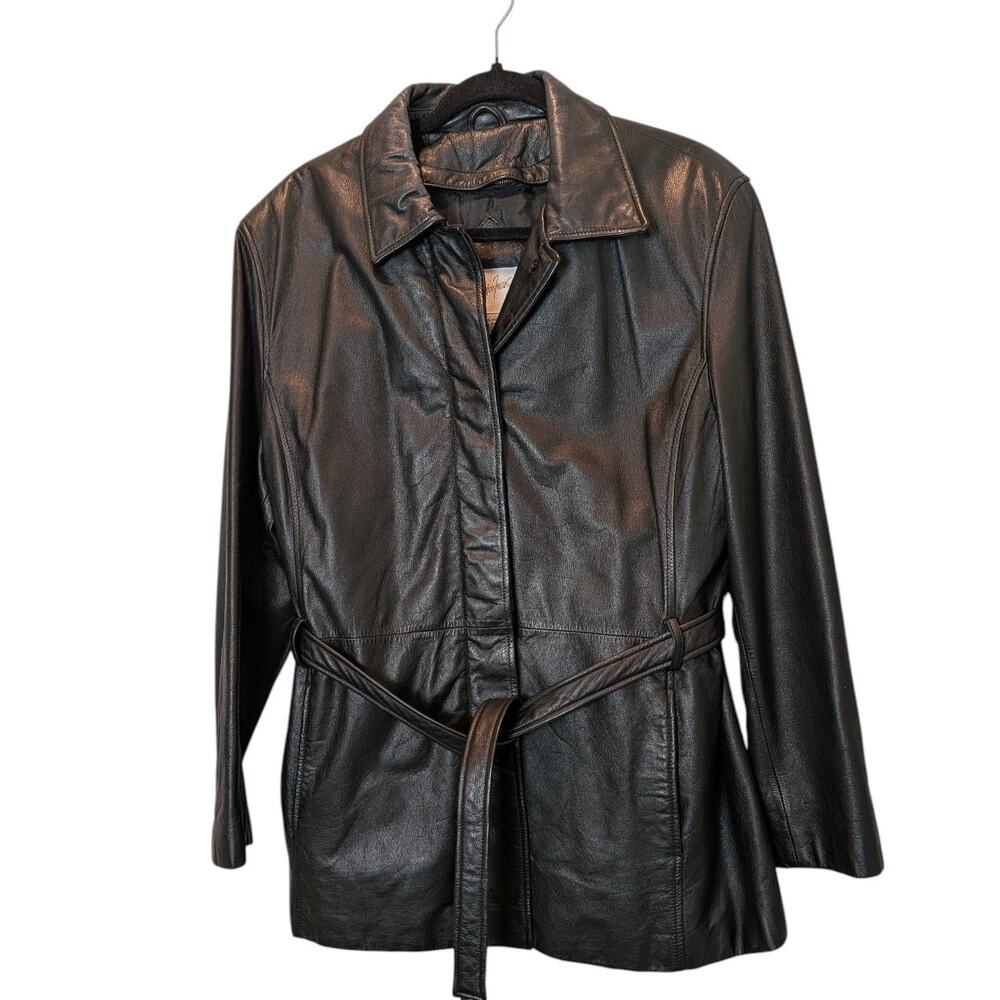 Vintage Jacqueline Ferrar Women's Sz XL Black Leather Trench Coat Zip Out Lining
